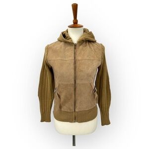 Vintage Suede Leather Stretch Ribbed Bomber Jacket